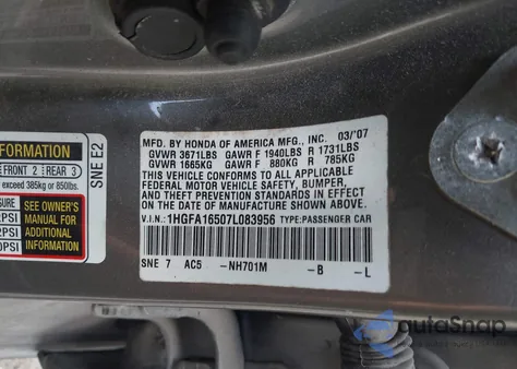 2007 Honda Civic Lx из США, поврежденный, VIN 1HGFA16507L083956